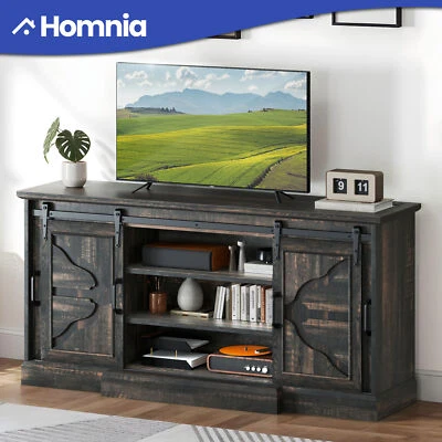 Consola de soporte de TV rústica para TV de 70 pulgadas con tomas de corriente y puertas correderas de granero Foto 1 de 4