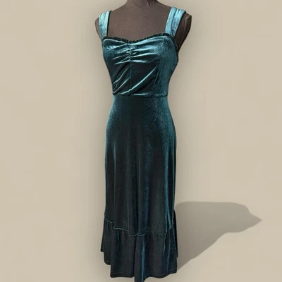 Vestido midi de fiesta de terciopelo verde esmeralda oscuro Betsey Johnson XS años 90 Y2K Foto 1 de 4