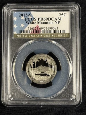 2013-S 25C White Mountain NP moeda de 25 centavos de prata PCGS PR69DCAM à prova - Imagem 1 de 4