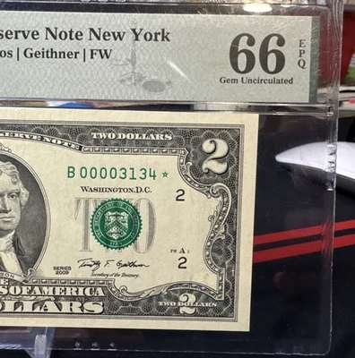 🤩 2009* New York Star $2 FRN (B* Block) PMG 66 EPQ Gem Unc. 128,000 printed - Image 1 of 4