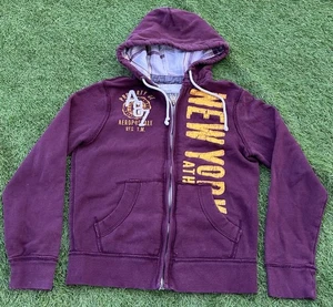 Vintage Abercrombie Fitch Hoodie Mens Small Maroon Full Zip Distressed Y2K - Picture 1 of 8