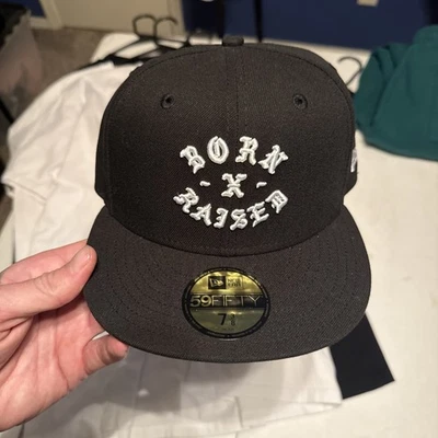 BORN x RAISED ROCKER FITTED HAT BLACK Size 7 3/8 NEW ERA 59FIFTY  prayer  - Image 1 of 4