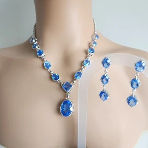 Sterling Silver Lab-Created Blue Spinel Necklace & Earrings Set 17” Toggle 925 - Picture 1 of 7