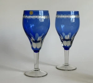 Set Of 2 Bohemian Cobalt Blue Cut To Clear Glass Crystal Goblets - Picture 1 of 13