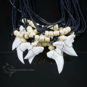 Real blue shark tooth cream off white glass seed beaded necklace c228 - Picture 1 of 2