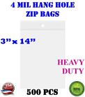 500 - 3" x 14" Zip Seal Reclosable 4Mil Top Lock Bags Hang Hole Heavy Duty