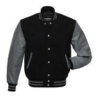 Stewart & Strauss Black Wool & Grey Leather Varsity Letterman School Jacket New
