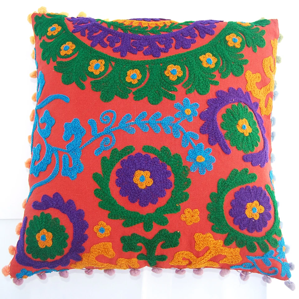 Christmas Decor Ethnic Suzani Cushion Cover Hand Embroidery Pillow Cases 16x16" - Image 1 of 3