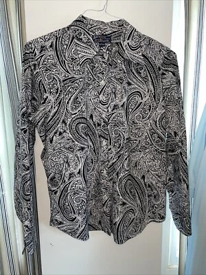 American Living Feminino Preto e Branco Paisely Manga Longa Botão para Baixo Tamanho G - Imagem 1 de 4