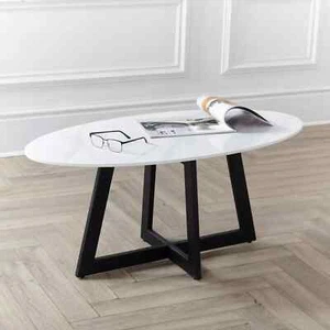 Oval White Carrara Marble 100cm Stone Coffee Table with Metal Frame Black Legs . - Picture 1 of 5
