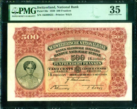 Switzerland 1939. Schweizerische Nationalbank 500 Franken, P-36c. PMG 35 Cover