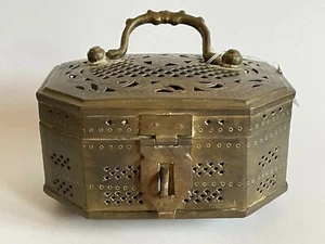 Vintage Brass Pierced Casket Footed Box w/Handle Betel Jewelry Box - Picture 1 of 7