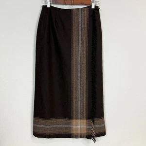 Vintage 90s Petite Sophisticate Brown Wool Wrap Skirt Fringe Midi 4 - Bild 1 von 13