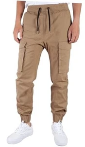Khaki Cargo Joggers for Men Elastic Ankle and Waist Casual Large Dark Khaki - Picture 1 of 7