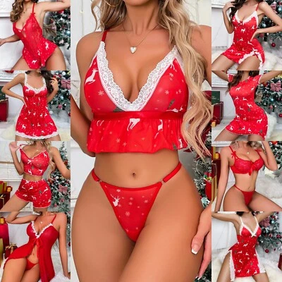 Womens Sexy Christmas Elk Printed Pajamas Sleepwear Soft Loungewear Red Lingerie - Image 1 of 4