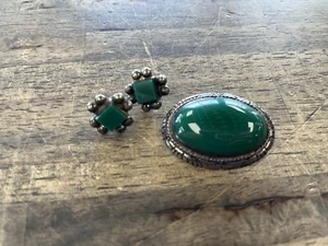 Del Rio Sterling Silver And Green Onyx Earrings And Broach - Picture 1 of 3