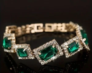 Zircon Emerald Gold Bangle Bracelet 7.2" Inch Length UK SELLER - Picture 1 of 4