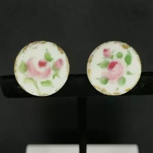 Vintage Hand Painted Floral Round Porcelain Button Studs / Cuff Links - Picture 1 of 4