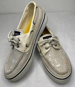 Sperry Top Sider Womens Sparkly Sequin Ivory White Canvas Boat Shoes Size 5M - Picture 1 of 11