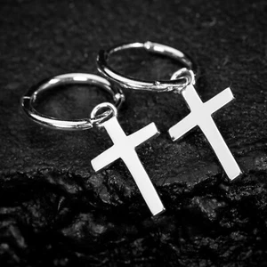 Men's White Gold Plated Solid Sterling Silver Dangle Cross Huggie Hoop Earrings - Picture 1 of 8