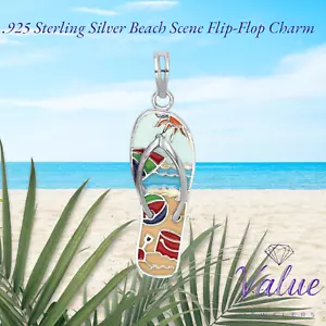 De-Ani Sterling Silver Rhodium-Plated 3D Enameled Beach Scene Flip-flop Pendant - Picture 1 of 5