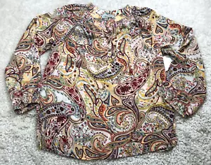 Meera Lane Womens Blouse Sz 0X Paisley Button-Up Smocked V-Neck 3/4 Sleeve NWT - Picture 1 of 11