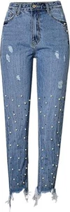 Women's Vintage Fitted Frayed Tassel Raw Hem Beaded Denim Jeans Cropped Pants S - Picture 1 of 5