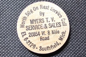 Vintage Wooden Nickel Myers T.V. Service und Verkauf 8 Meilen Southfield Mich. schwarz - Bild 1 von 2