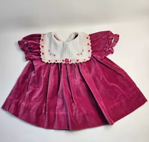 Vintage Velvet Baby Dress With Lace Trimmed Collar - Dark Pink / Rose 6-9 Months - Picture 1 of 16
