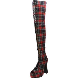 Red Tartan Thigh High Heel Over Knee Platform Boots Laces Peep Toe Sexy Retro - Picture 1 of 12