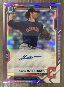 Bowman 1st 2021 cromo púrpura refractor Guardians Gavin Williams automático 114/250 - Imagen 1 de 2
