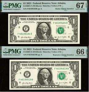 Matching Serial Numbers Radar Repeater 2021 $1 FRN PMG 67EPQ PMG 66EPQ 46199164 - Picture 1 of 5