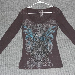 Y2K JOSCO Jeans Women M Brown Long Sleeve Rhinestone Butterfly Shirt Y2K Grunge - Picture 1 of 4