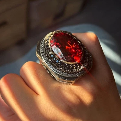 925 Sterling Silver Large Ruby Stone Ottoman Style Large Ring - Image 1 of 4