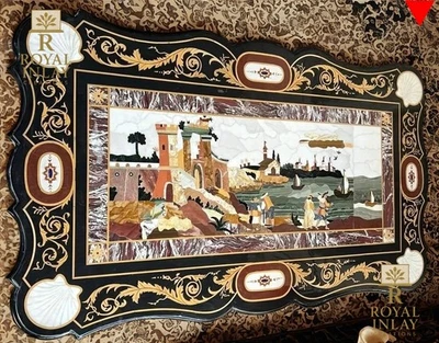 52X30 inches Marble Table Top with coastal castle –Handmade accent coffee table - Image 1 of 4