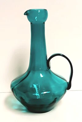 Empoli Italian Pitcher Aqua Blue Blown Glass Reed Handle 12 X 7" Water Wine - Image 1 of 4