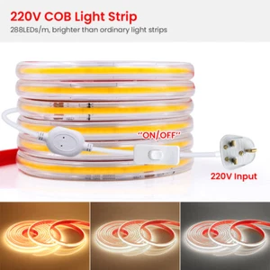 High Density COB LED Strip Lights 220V IP67 Double Side Tape Rope Self Adhesive - Picture 1 of 14
