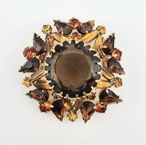 Vintage Shades of Topaz Brown Orange Rhinestone Gold tone Brooch 2" - Picture 1 of 7