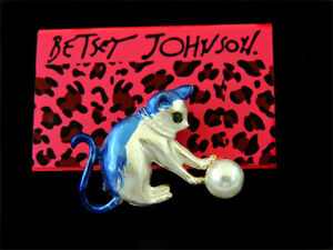 Betsey Johnson Blue Enamel Pearl Cute Cat Charm Animal Brooch Pin 