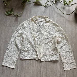 Vintage 80s 90s White Crochet Lace Cardigan Large Floral Sheer Open Front Blouse - Picture 1 of 6