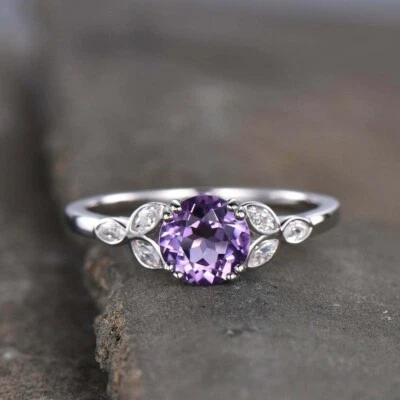 2Ct Round Cut Simulated Purple Amethyst Womens Ring 14k White Gold Plated Silver - Image 1 of 4