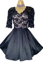 QUIZ UK 6 Black Nude Lace Sateen Volume Cocktail Skater Mini Glitter Dress VGC - Picture 1 of 9