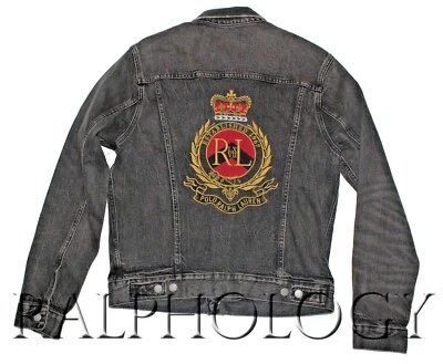 Polo Ralph Lauren Black Gray Gold Embroidered Crest Denim Jean Trucker Jacket - Image 1 of 4