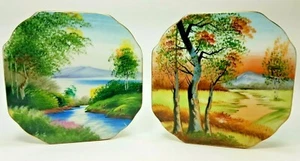 2 Vintage Wall Pockets Hand painted Landscape Scene Mountain River Fall Summer - Picture 1 of 6