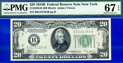 1934B $20 Federal Reserve Note PMG 67EPQ top pop finest known New York Fr 2056-B - Image 1 of 4