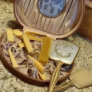 Antiker französischer Schminktischkasten Elfenbein Vintage mit vielen Teilen - Bild 1 von 9