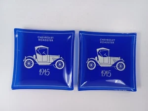 2 Chevrolet Roadster 1915 Ashtray Trinket Dish Advertisement Blue Glass Vintage - Picture 1 of 3