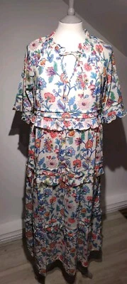 Joules UK 14 Lia Dress Frill Tiered Midi Cream Floral Half Sleeve Cotton NWT - Image 1 of 4