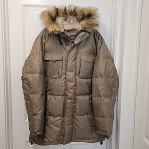 Gap Womens sz LARGE Olive Parka with Faux Fur Trim Hood Puffer Coat Down Filled - Picture 1 of 11
