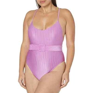 Bikini Lab Fuchsia Purple Luster Rib Texture One Piece Swimsuit w/ Belt Size XL - Picture 1 of 12